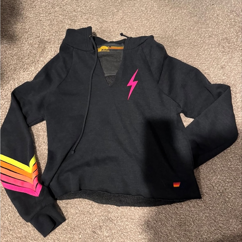 Aviator Nation Black V-Neck cropped set with Pink and Orange Lightning Bolt